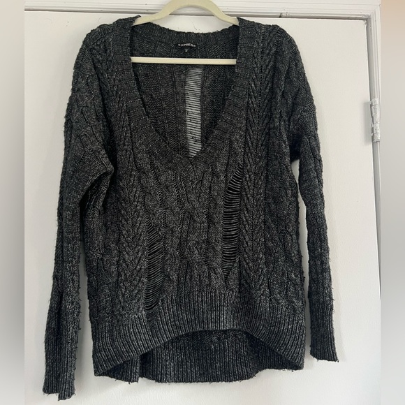 Express Dark Gray Distressed Knit Oversized Sweater - Picture 1 of 6